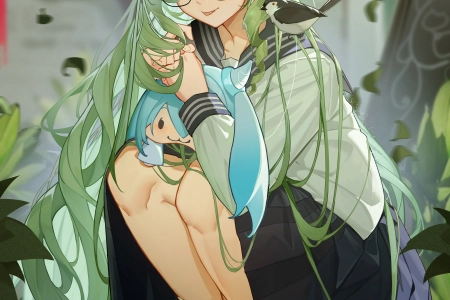 绿头发 长发 绿眼睛 女学生 原神 艺术 校服 迷你裙 眼镜 鸟 树叶 动漫 动漫女孩  手机壁纸 4K壁纸 5000x7112