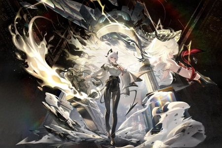 白发 短发 电子 游戏 女孩 呼啸波 扎尼 恶魔角 白衬衫 黑裤子 领带 恶魔 尾巴 4K壁纸 5120x2880