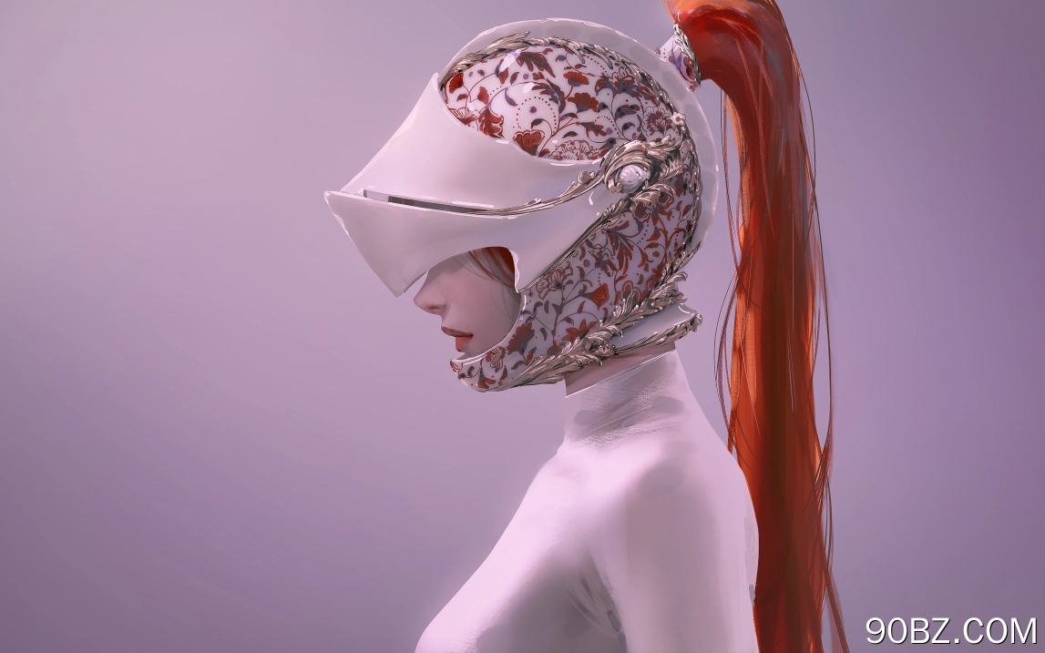 红发 女性 马尾辫 长发 AI艺术 插图 极简主义 简单背景 头盔 白色衣服 红色 口红 图案 4K壁纸