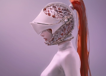 红发 女性 马尾辫 长发 AI艺术 插图 极简主义 简单背景 头盔 白色衣服 红色 口红 图案 4K壁纸  5455x3409