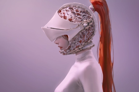 红发 女性 马尾辫 长发 AI艺术 插图 极简主义 简单背景 头盔 白色衣服 红色 口红 图案 4K壁纸 5455x3409