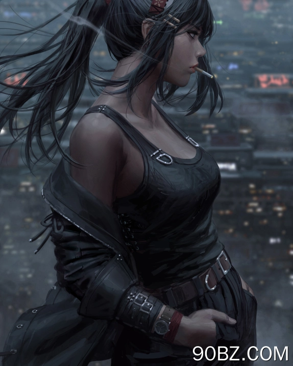 女性 马尾辫 侧面 原创 角色 吸烟 黑色 衣服 艺术品 绘画 手机壁纸 4K壁纸