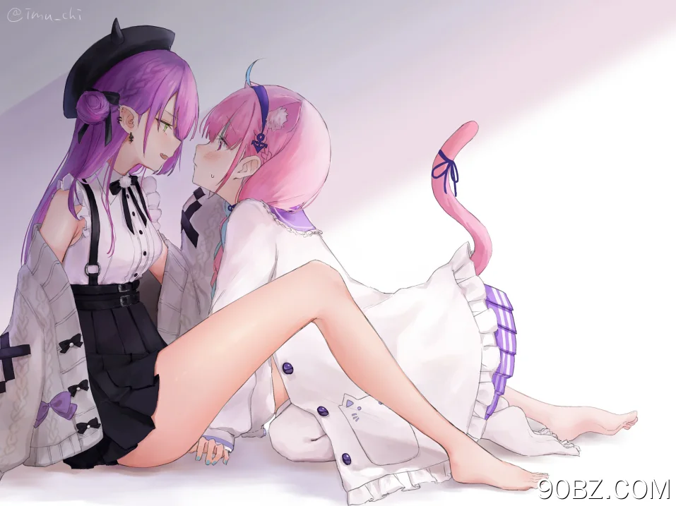 赤脚 女孩 绿眼睛 紫色头发 猫女孩 长发 动漫 动漫女孩 兽耳 尾巴 腮红 猫耳  电脑壁纸 4K壁纸