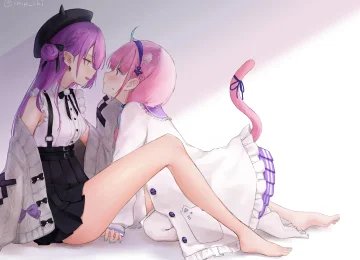 赤脚 女孩 绿眼睛 紫色头发 猫女孩 长发 动漫 动漫女孩 兽耳 尾巴 腮红 猫耳  电脑壁纸 4K壁纸  3861x2894