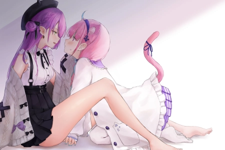 赤脚 女孩 绿眼睛 紫色头发 猫女孩 长发 动漫 动漫女孩 兽耳 尾巴 腮红 猫耳  电脑壁纸 4K壁纸 3861x2894