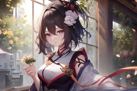 汉服 艺术 小说 服饰 动漫 女孩 花 花瓣 旗袍 4K壁纸 5376x3072