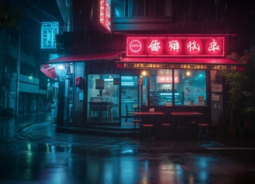 AI艺术 插图 夜 日本 街道 雨 餐厅 霓虹灯 电脑壁纸 4K壁纸  5824x3264
