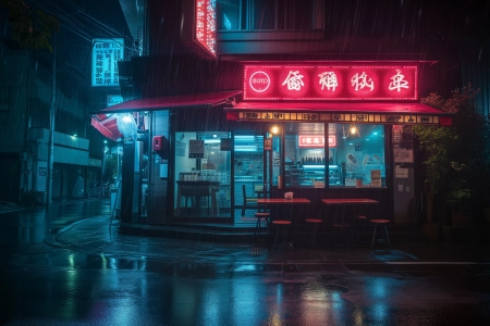 AI艺术 插图 夜 日本 街道 雨 餐厅 霓虹灯 电脑壁纸 4K壁纸 5824x3264