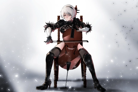 坐着 白发 蓝眼睛 短发 独身 嘴下有痣 乐器 椅子 坐在椅子上 发带 电脑壁纸 4K壁纸 6700x3770