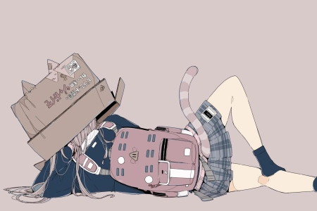 人物 侧卧 猫女孩 动漫女孩 极简主义 背包 简单背景 猫耳朵 猫尾巴  电脑壁纸 4K壁纸 3840x2160