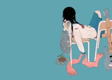 女学生 简单背景 极简主义 动漫女孩 蓝色背景 吉他 围巾 4K壁纸  3840x2160