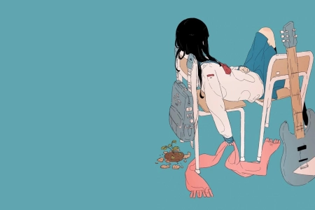 女学生 简单背景 极简主义 动漫女孩 蓝色背景 吉他 围巾 4K壁纸 3840x2160