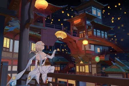 游戏 角色 动漫女孩 奇幻城市 原神 露明 连裤袜 灯笼 元宵节  电脑壁纸 4K壁纸 6656x4533