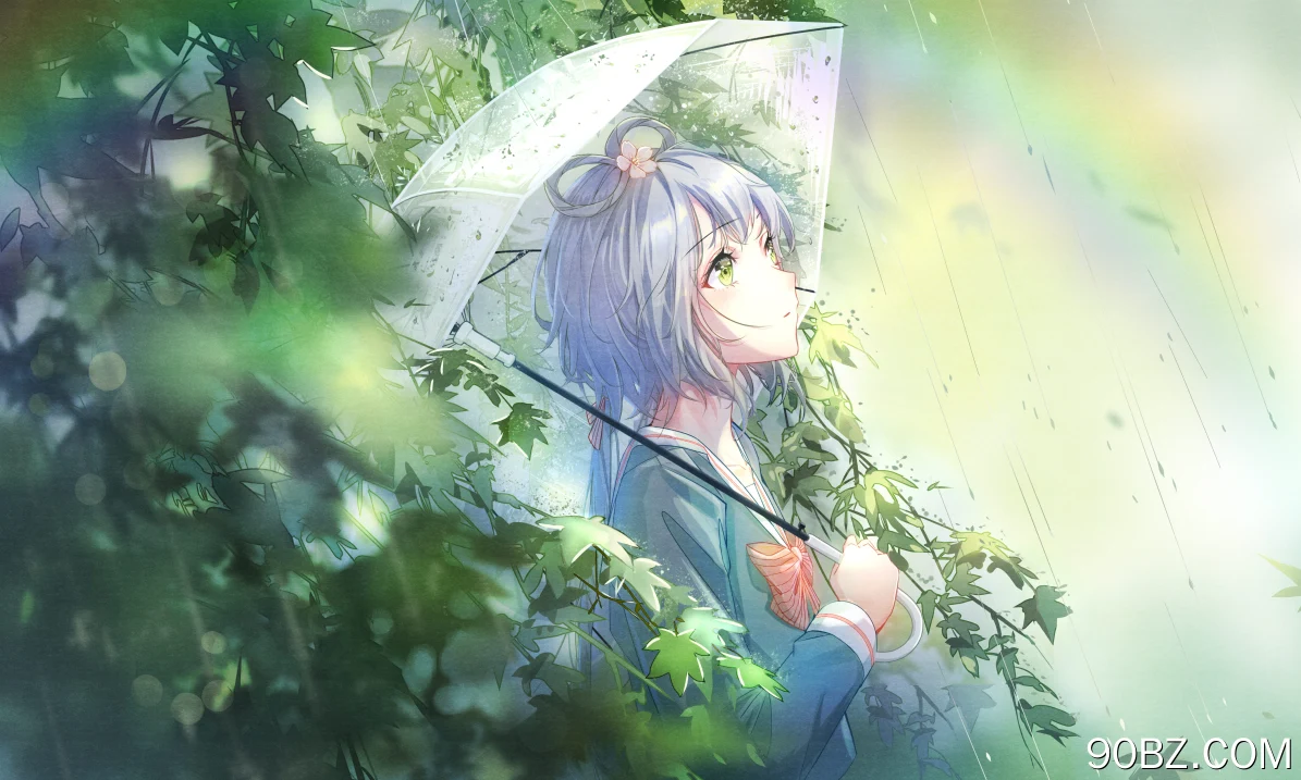 抬头 小提琴 动漫女孩 雨伞 雨 树叶 蝴蝶结 彩虹  4K壁纸