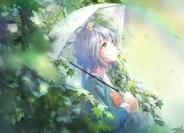 抬头 小提琴 动漫女孩 雨伞 雨 树叶 蝴蝶结 彩虹  4K壁纸  4134x2480