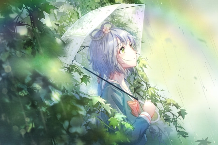 抬头 小提琴 动漫女孩 雨伞 雨 树叶 蝴蝶结 彩虹  4K壁纸 4134x2480