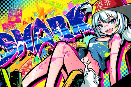  鲨鱼牙 帽子 涂鸦 动漫 动漫女孩 虚拟  电脑壁纸 4K壁纸 3840x2160
