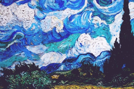 文森特·梵高 云 柏树 灌木丛 蓝色 绘画 古典艺术  电脑壁纸 4K壁纸 3840x2160