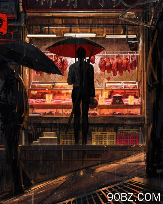 黑发 原创 人物 奇幻 女孩 屠夫 雨 伞 绘画 市场 剑 奇幻艺术 AI艺术 手机壁纸 4K壁纸