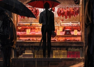 黑发 原创 人物 奇幻 女孩 屠夫 雨 伞 绘画 市场 剑 奇幻艺术 AI艺术 手机壁纸 4K壁纸  5000x6250