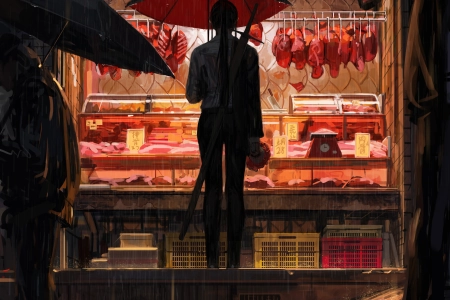 黑发 原创 人物 奇幻 女孩 屠夫 雨 伞 绘画 市场 剑 奇幻艺术 AI艺术 手机壁纸 4K壁纸 5000x6250