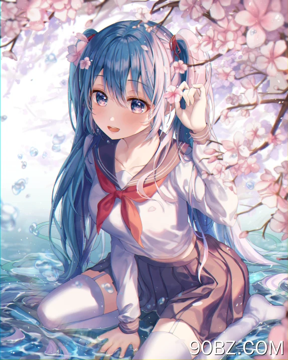  动漫 动漫女孩 初音 水 白色袜子 大腿 校服 樱花  手机壁纸 4K壁纸
