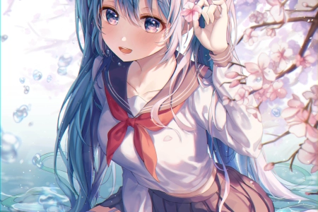  动漫 动漫女孩 初音 水 白色袜子 大腿 校服 樱花  手机壁纸 4K壁纸 4000x5000