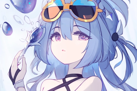 蓝色 头发 艺术 动漫 动漫女孩 太阳镜 白色 连衣裙  手机壁纸 4K壁纸 4139x7753