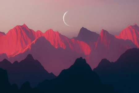 数字艺术 艺术品 插图 数字 绘画 风景 山脉 阳光 月亮 4K壁纸 3840x2160