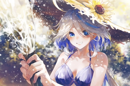 微笑长发蓝眼睛 异瞳 蓝头发 动漫 动漫女孩 原神 草帽 水 比基尼 水滴 向日葵  电脑壁纸 4K壁纸 6316x3600