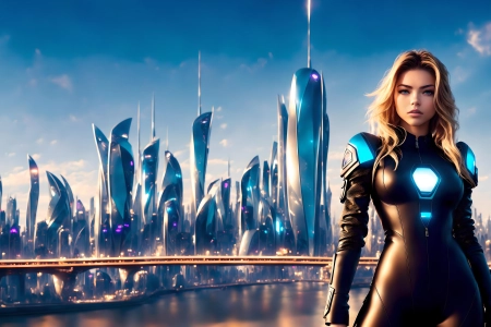 女性 科幻女性 金发碧眼 未来主义 人工智能艺术 建筑 城市 城市灯光 4K壁纸 3840x2160