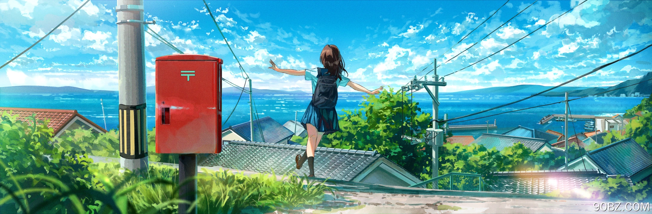 女学生 动漫 女孩 校服 云 水 天空 村庄 电线 草 4K壁纸