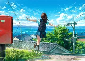 女学生 动漫 女孩 校服 云 水 天空 村庄 电线 草 4K壁纸  6741x2213