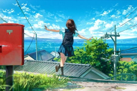 女学生 动漫 女孩 校服 云 水 天空 村庄 电线 草 4K壁纸 6741x2213