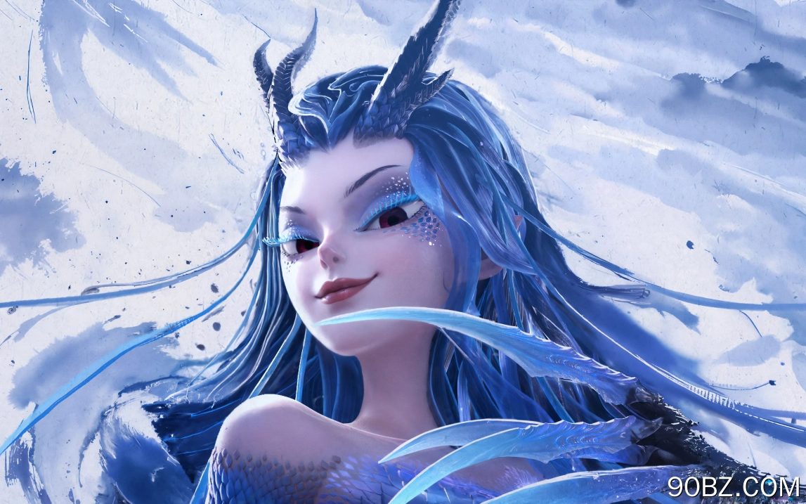 敖闰 哪吒 魔童闹海 水墨 海报 蓝色 龙鳞 龙角 龙爪 微笑 4K壁纸
