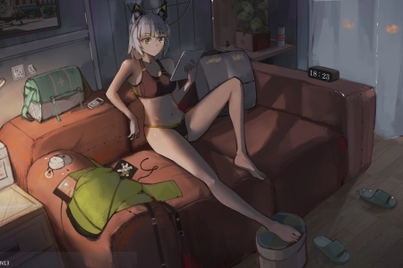 蕾森13，猫耳女孩，运动内衣，沙发，赤脚，坐着，《明日方舟》卡爾西特 3840x2160