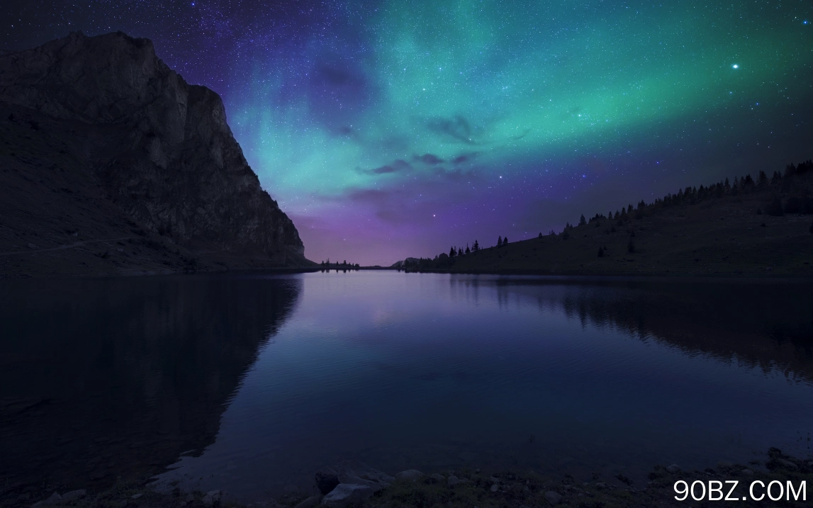 风景 自然 湖泊 山脉 夜晚 黑暗 天空 星星 水 树木  电脑壁纸 4K壁纸