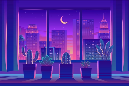 房间 城市 景观 新月 建筑 夜 月亮 仙人掌 星星 窗户 多肉 窗帘 天空 植物 4K壁纸 3840x2160