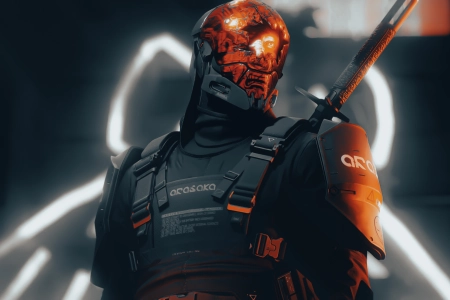 虚构 人物 战士 剑客 士兵 赛博朋克 科幻 小说 未来派 CGI 黑色 套装 霓虹灯 服装 面具 头盔 盔甲 电影 紧身衣 4K壁纸 3840x2160