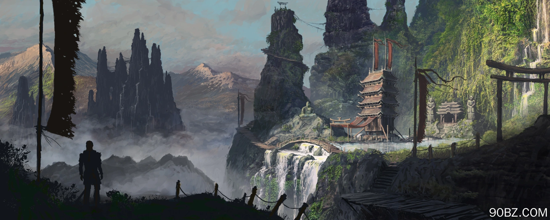 战士 武者 AI艺术 风景 寺庙 山脉 奇幻艺术 环境 雕像 4K壁纸