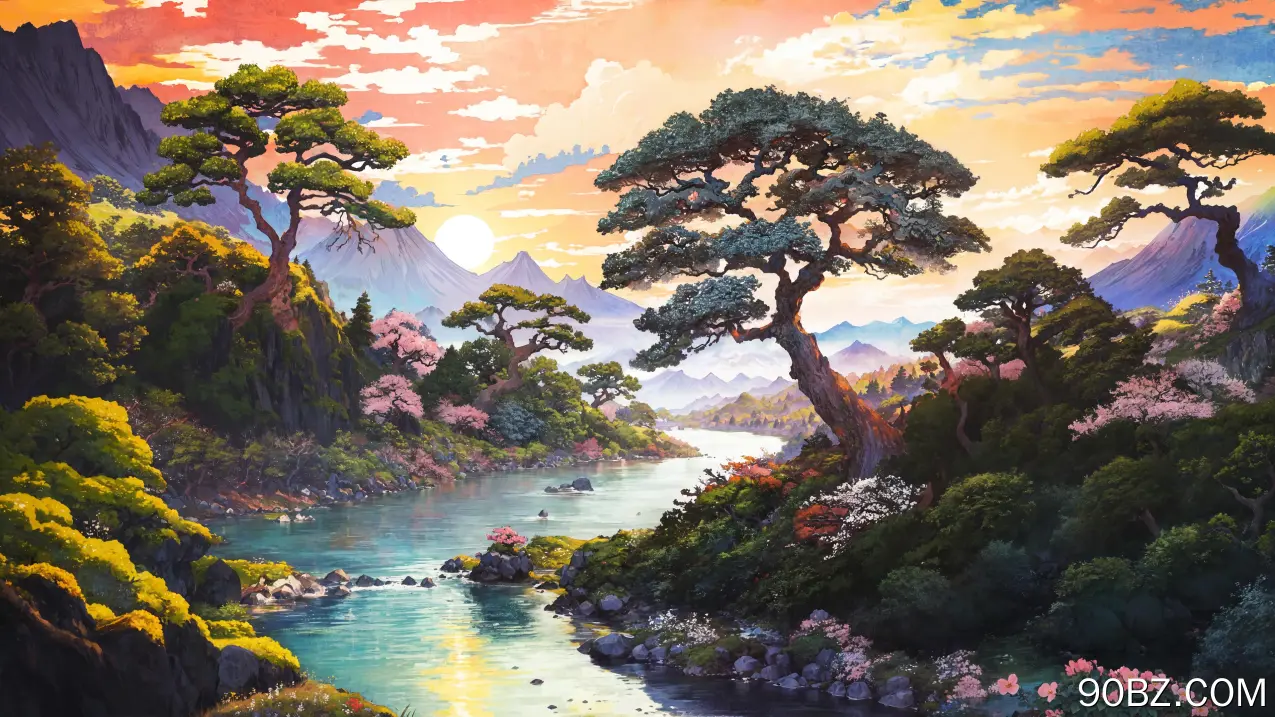  自然 艺术 风景 河流 树木 森林 太阳 山脉 云 岩石  电脑壁纸 4K壁纸