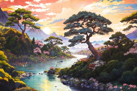  自然 艺术 风景 河流 树木 森林 太阳 山脉 云 岩石  电脑壁纸 4K壁纸 3840x2160