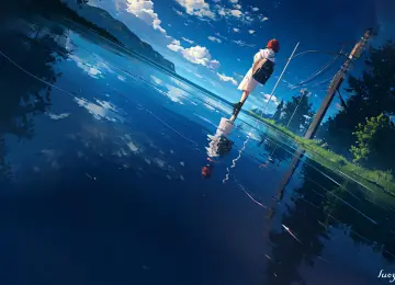 洛羽 站立 短发 户外 女性 动漫 女孩 风景 云 倒影 背包 树木 天空 水 4K壁纸  3840x2560