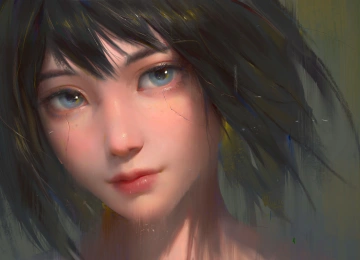 女性 蓝眼睛 深色头发 短发 脸 AI艺术 绘画 肖像 绘画  电脑壁纸 4K壁纸  5000x2515