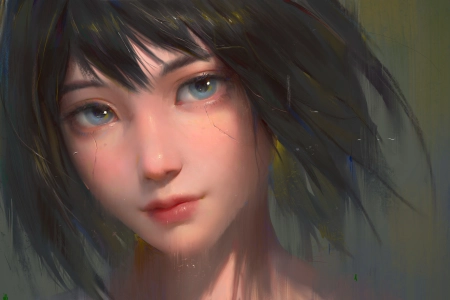 女性 蓝眼睛 深色头发 短发 脸 AI艺术 绘画 肖像 绘画  电脑壁纸 4K壁纸 5000x2515