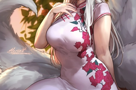原创 角色 幻想 女孩 艺术品 绘画 尾巴 旗袍 手机壁纸 4K壁纸 4392x6200