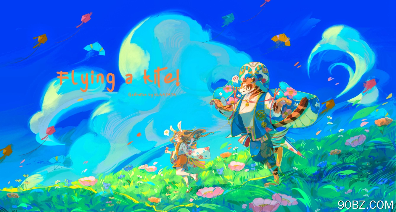 原创 人物 天空 风筝 云 动漫 五颜六色 动漫 女孩 蓝色  电脑壁纸 4K壁纸