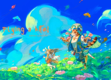 原创 人物 天空 风筝 云 动漫 五颜六色 动漫 女孩 蓝色  电脑壁纸 4K壁纸  5970x3199