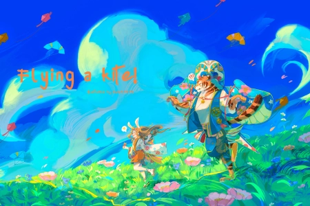 原创 人物 天空 风筝 云 动漫 五颜六色 动漫 女孩 蓝色  电脑壁纸 4K壁纸 5970x3199