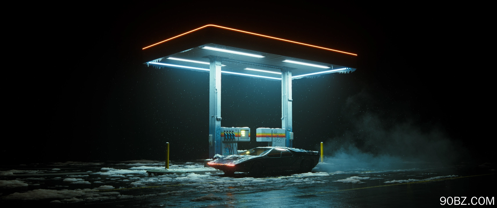 达默里奇·康奈尔,数字艺术,汽车,加油站,夜晚,下雪,道路